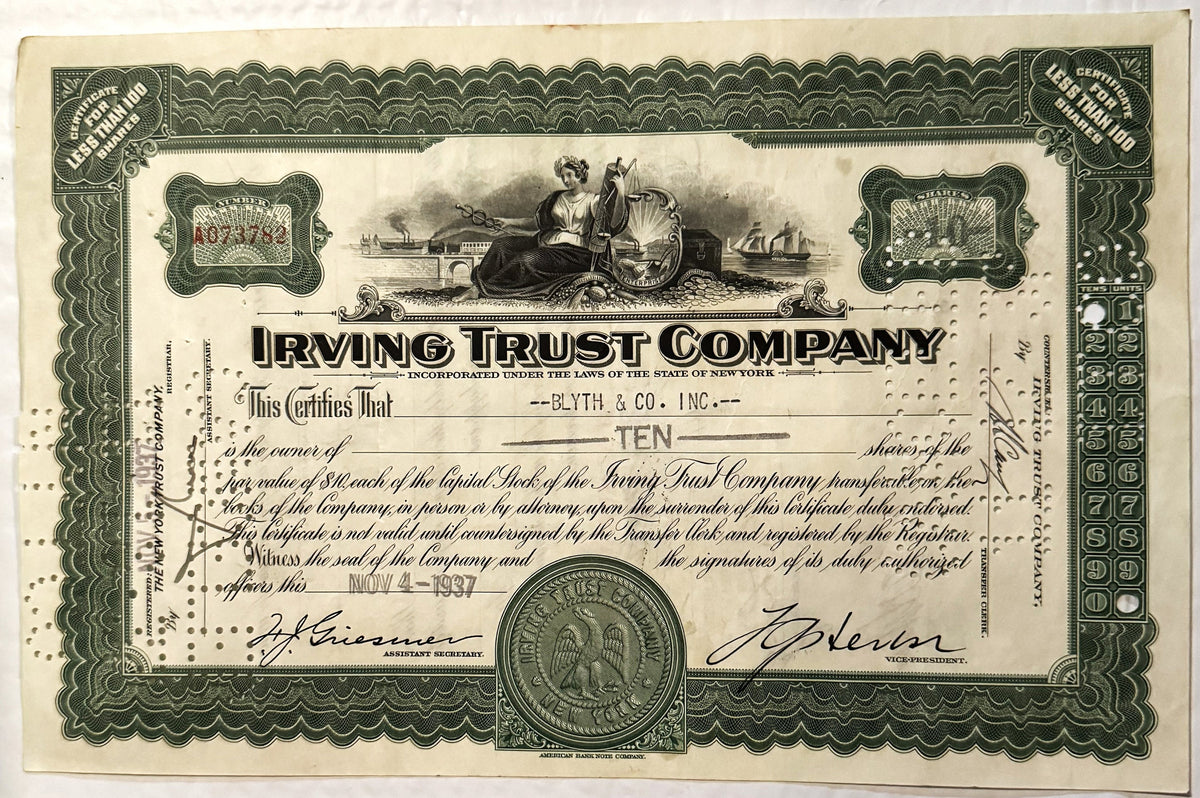 Irving Trust Company stock certificate for ten shares, featuring green ornamental border, allegorical maritime imagery