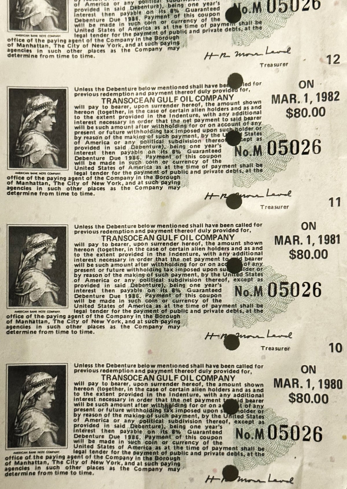 Four vintage Transocean Gulf Oil Company bond certificates showing $80.00 debentures dated 1980-1982 with decorative classica