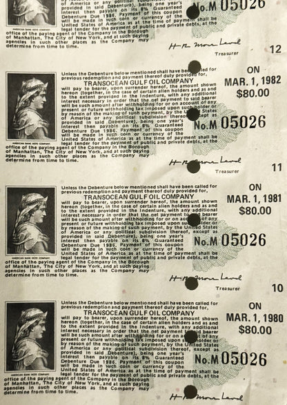 Four vintage Transocean Gulf Oil Company bond certificates showing $80.00 debentures dated 1980-1982 with decorative classica