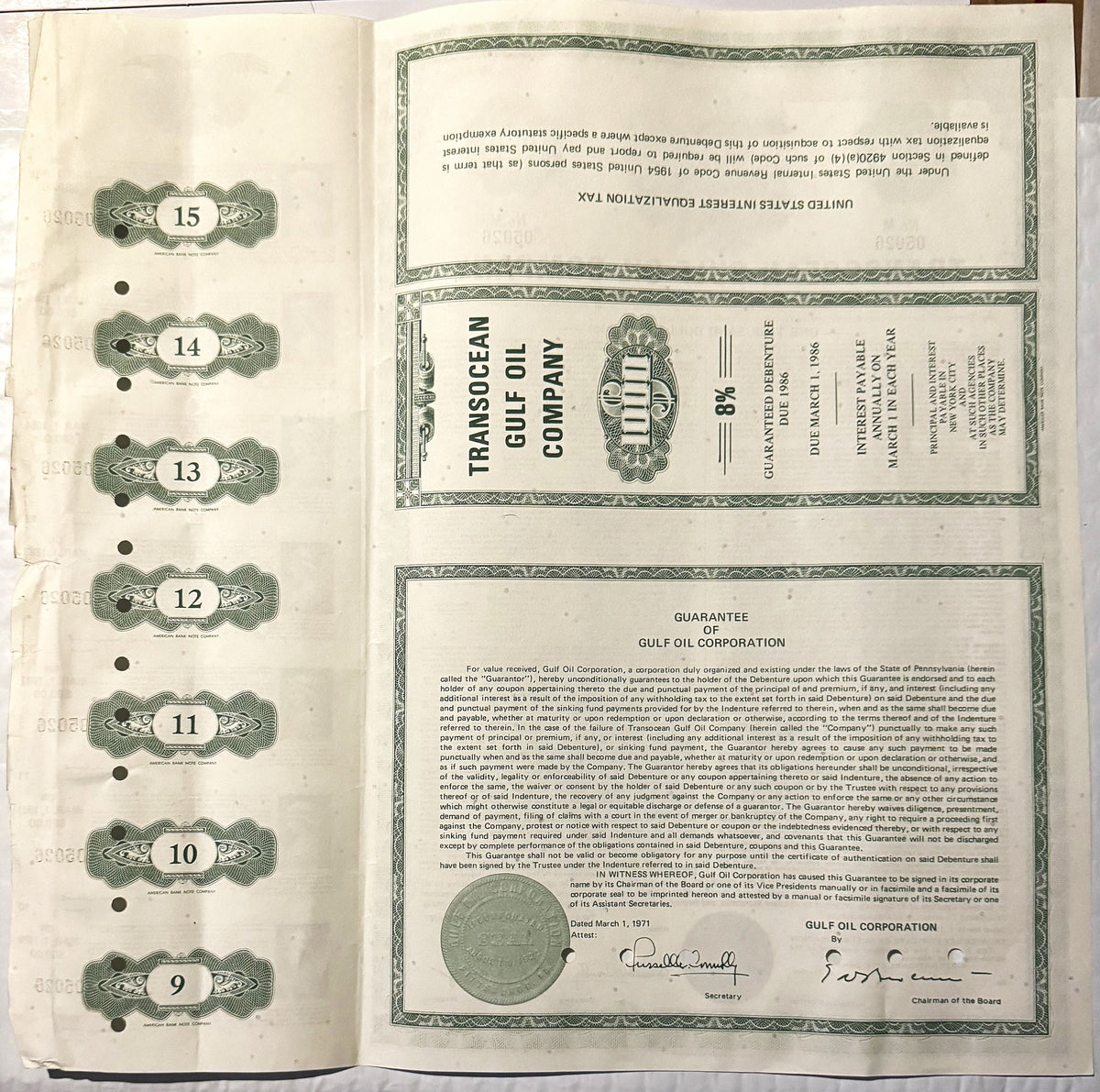 Vintage 1971 Transocean Gulf Oil Company 8% bond certificate with guarantee document and numbered coupon stubs 9-15 visible o