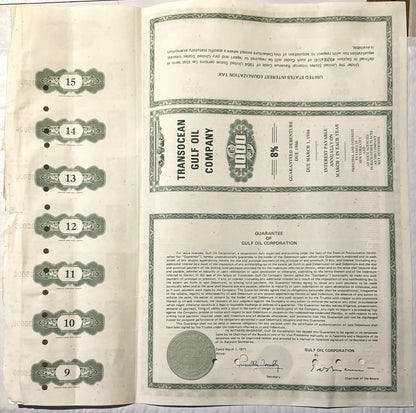Vintage 1971 Transocean Gulf Oil Company 8% bond certificate with guarantee document and numbered coupon stubs 9-15 visible o