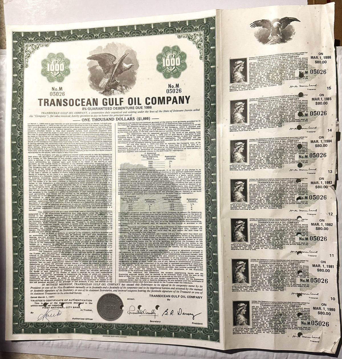 Vintage Transocean Gulf Oil Company bond certificate ($1,000 debenture) with multiple dated coupons and eagle emblems display