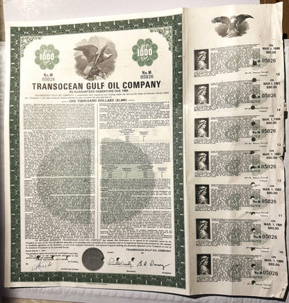 Vintage Transocean Gulf Oil Company bond certificate ($1,000 debenture) with multiple dated coupons and eagle emblems display