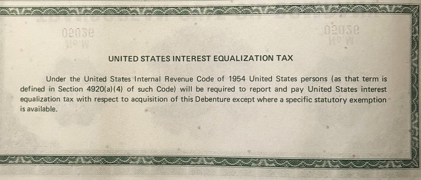 Close-up of bond document text box with decorative border describing United States Interest Equalization Tax requirements und