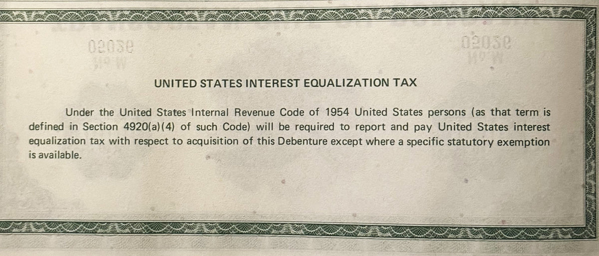 Close-up of bond document text box with decorative border describing United States Interest Equalization Tax requirements und