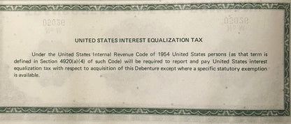Close-up of bond document text box with decorative border describing United States Interest Equalization Tax requirements und