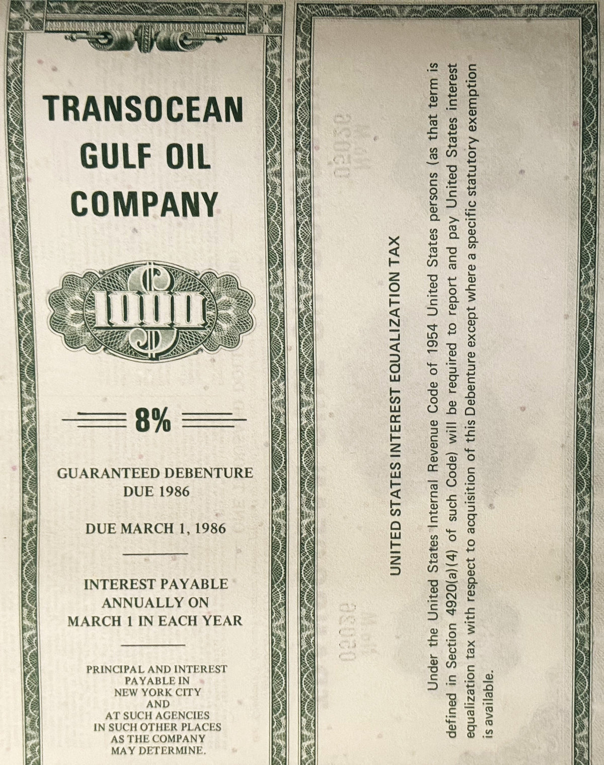 Front and back of cream-colored 8% guaranteed debenture bond from Transocean Gulf Oil Company, due 1986, with ornamental bord