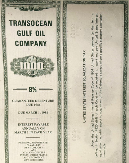 Front and back of cream-colored 8% guaranteed debenture bond from Transocean Gulf Oil Company, due 1986, with ornamental bord