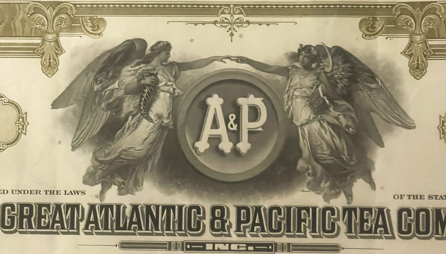 Sepia-toned vintage stock certificate for Great Atlantic & Pacific Tea Co. with "A&P" monogram flanked by two winged angels i