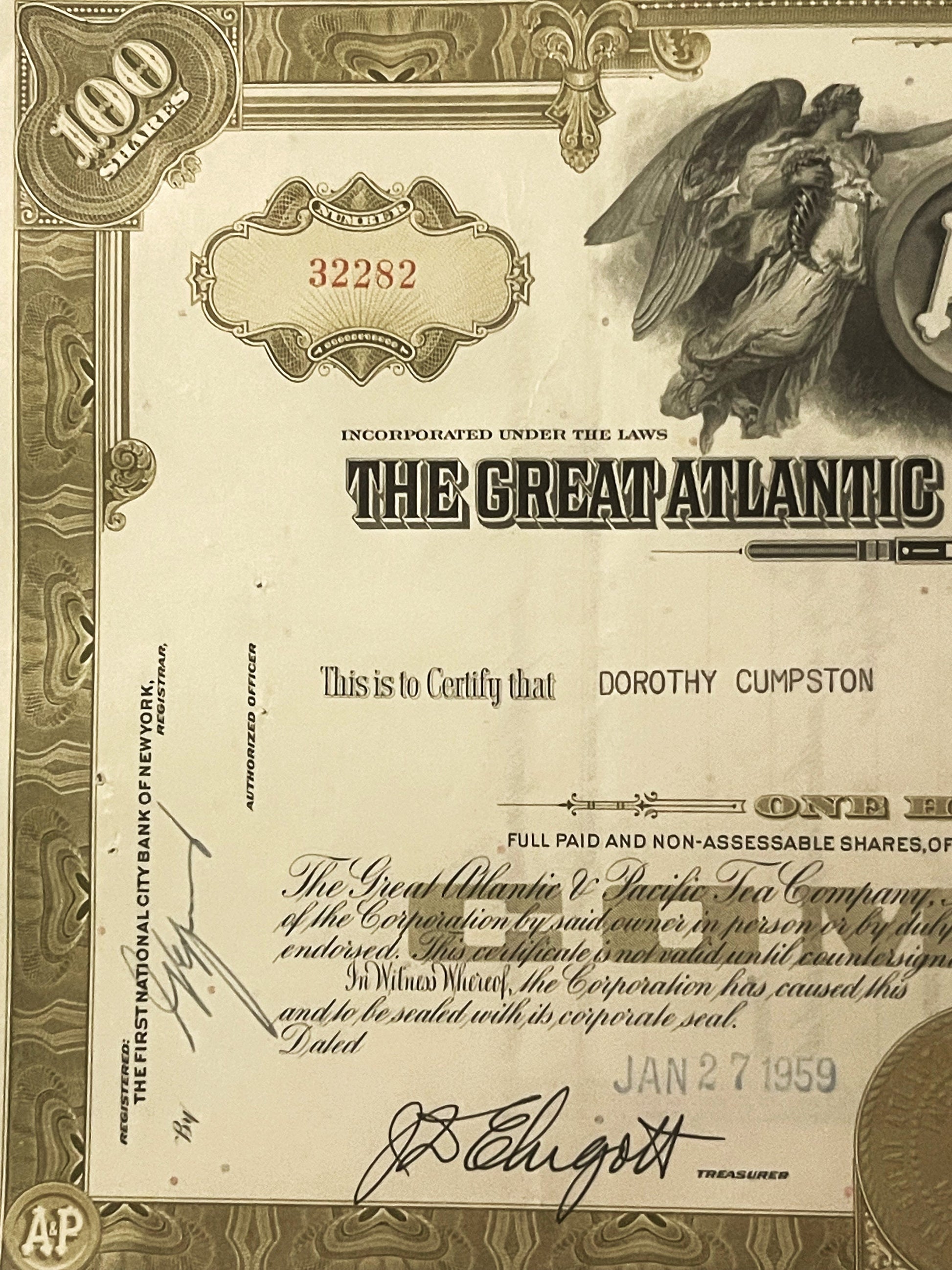 Vintage stock certificate for Great Atlantic & Pacific Tea Co., with ornat