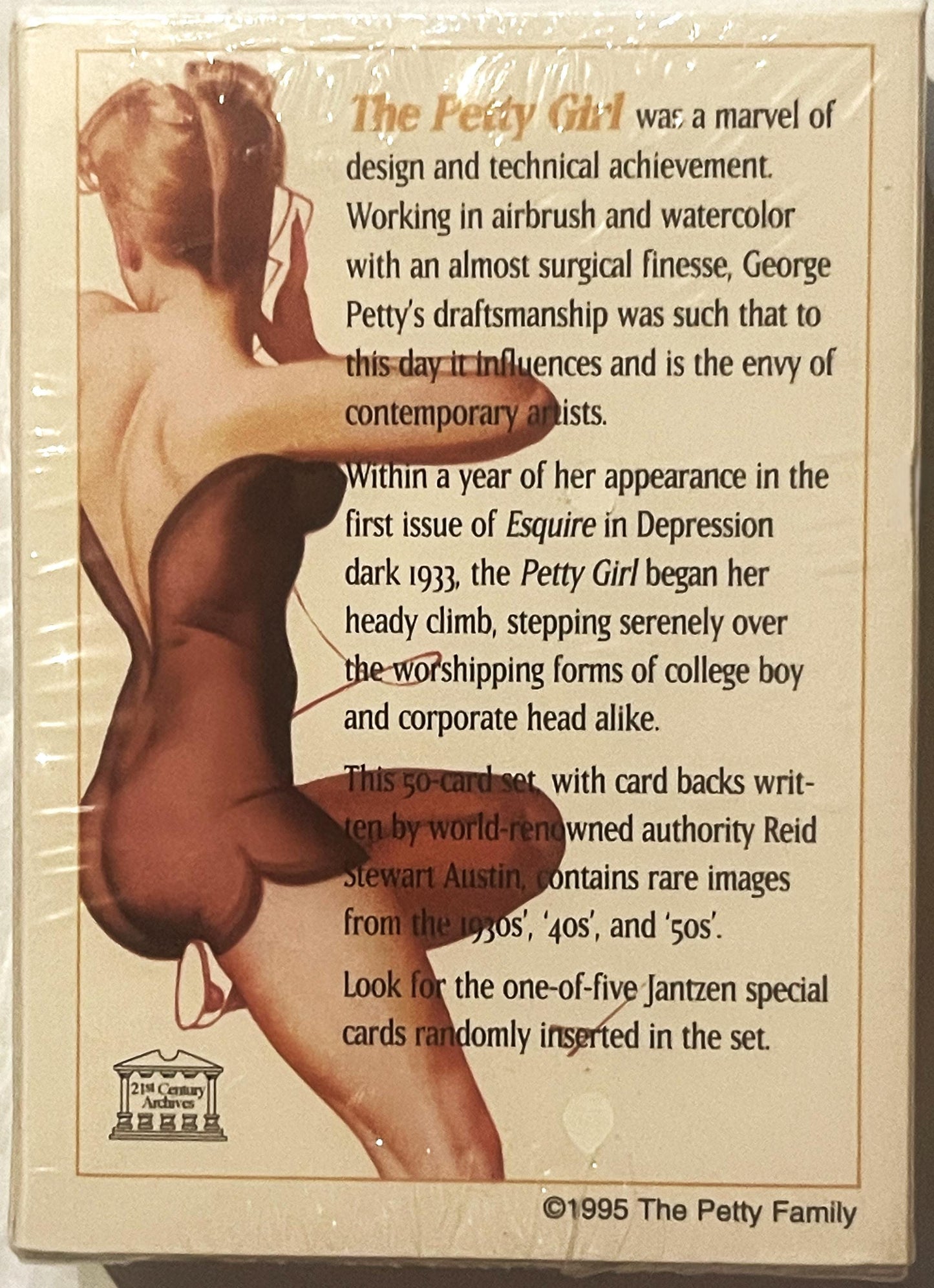 Back of trading card set box showing vintage pinup illustration and product description text from 1995 Petty Girl collection.