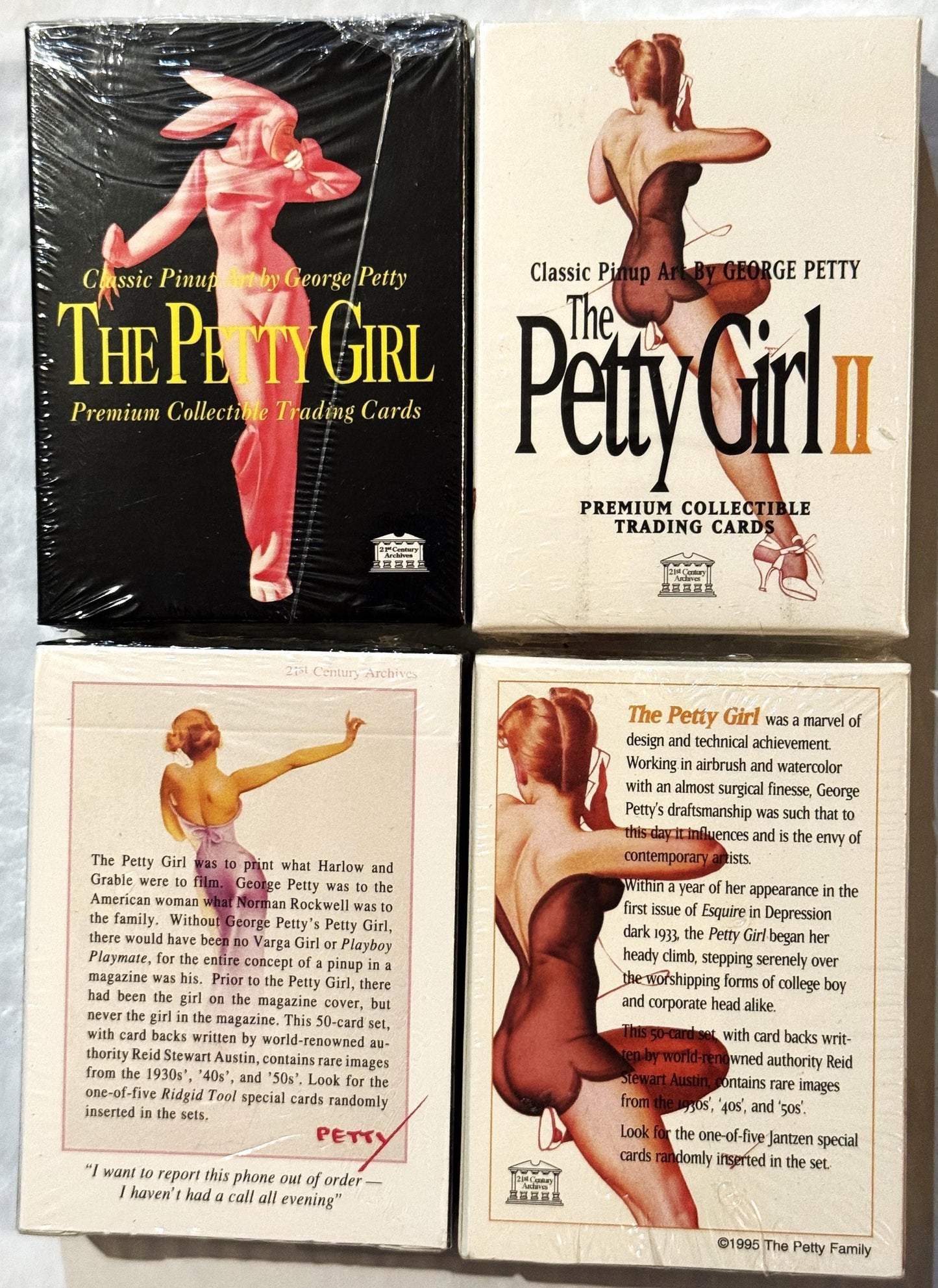 Four sealed trading card boxes featuring George Petty pinup artwork from 1994-1995, displayed in flat lay showing front packa