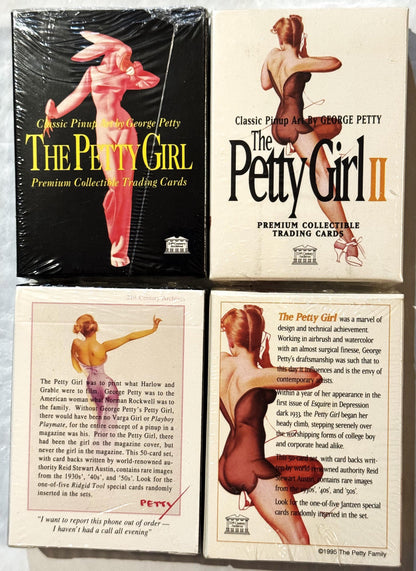 Four sealed trading card boxes featuring George Petty pinup artwork from 1994-1995, displayed in flat lay showing front packa