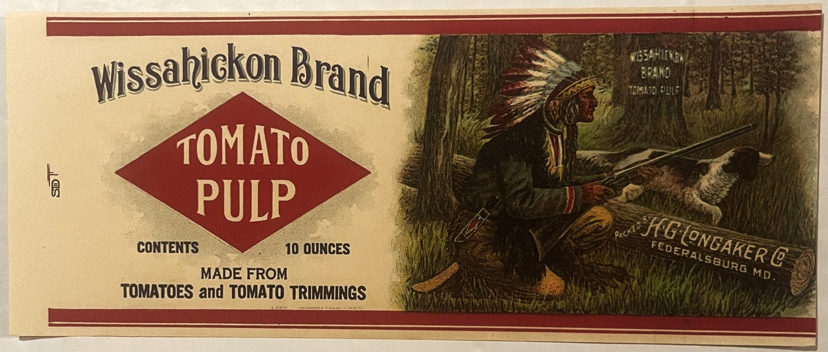 Vintage Wissahickon Brand tomato pulp can label with red diamond logo and Native American imagery on right side, H.G. Longake