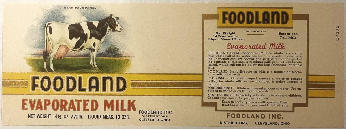 Antique Foodland evaporated milk label from Cleveland, Ohio, showing illustrated dairy cow, product details, and usage instructions printed in red and gold on cream background.