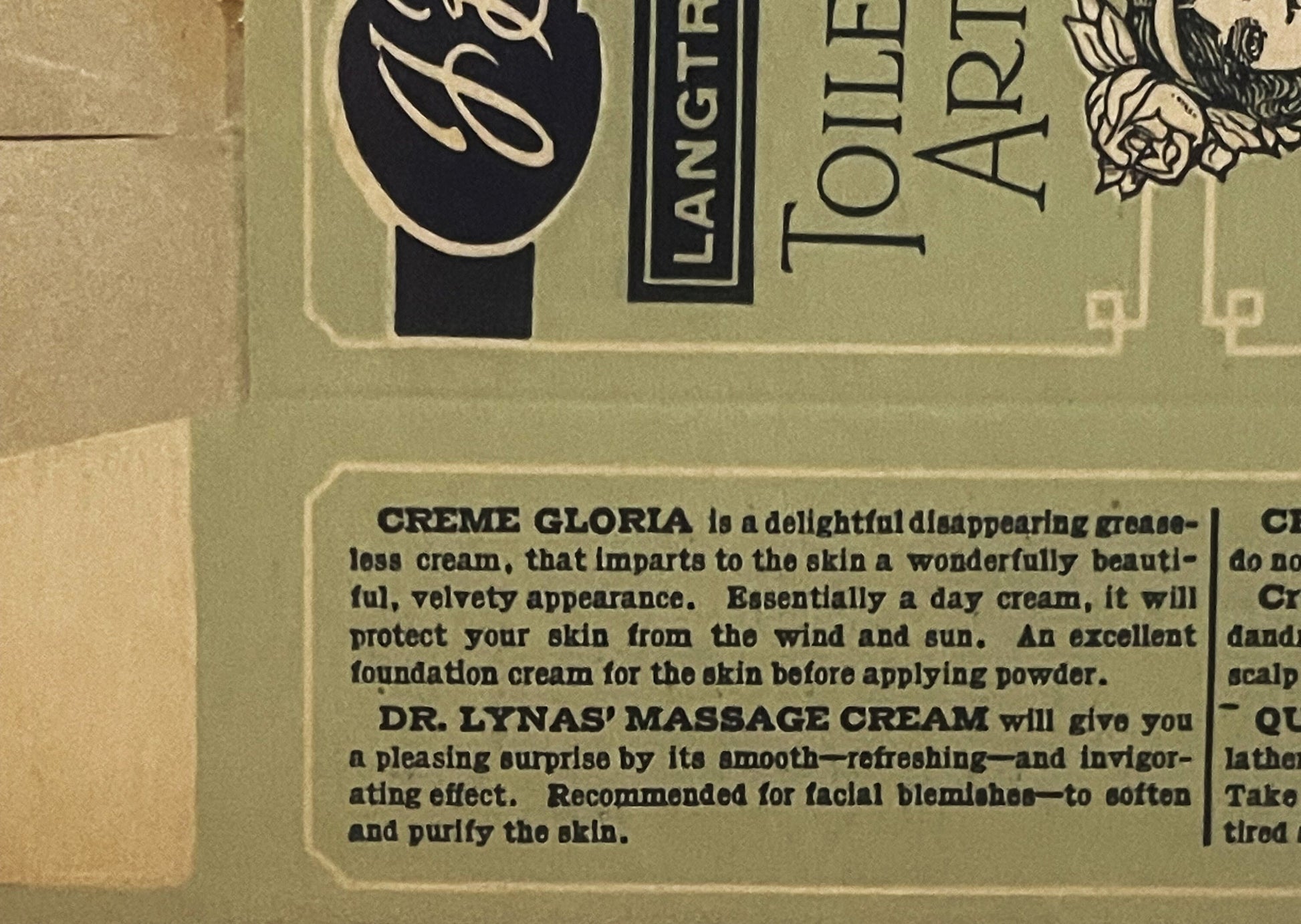 Close-up of vintage cream product descriptions on beige box, showing "Creme Gloria" and "Dr. Lynas' Massage Cream" text in bl