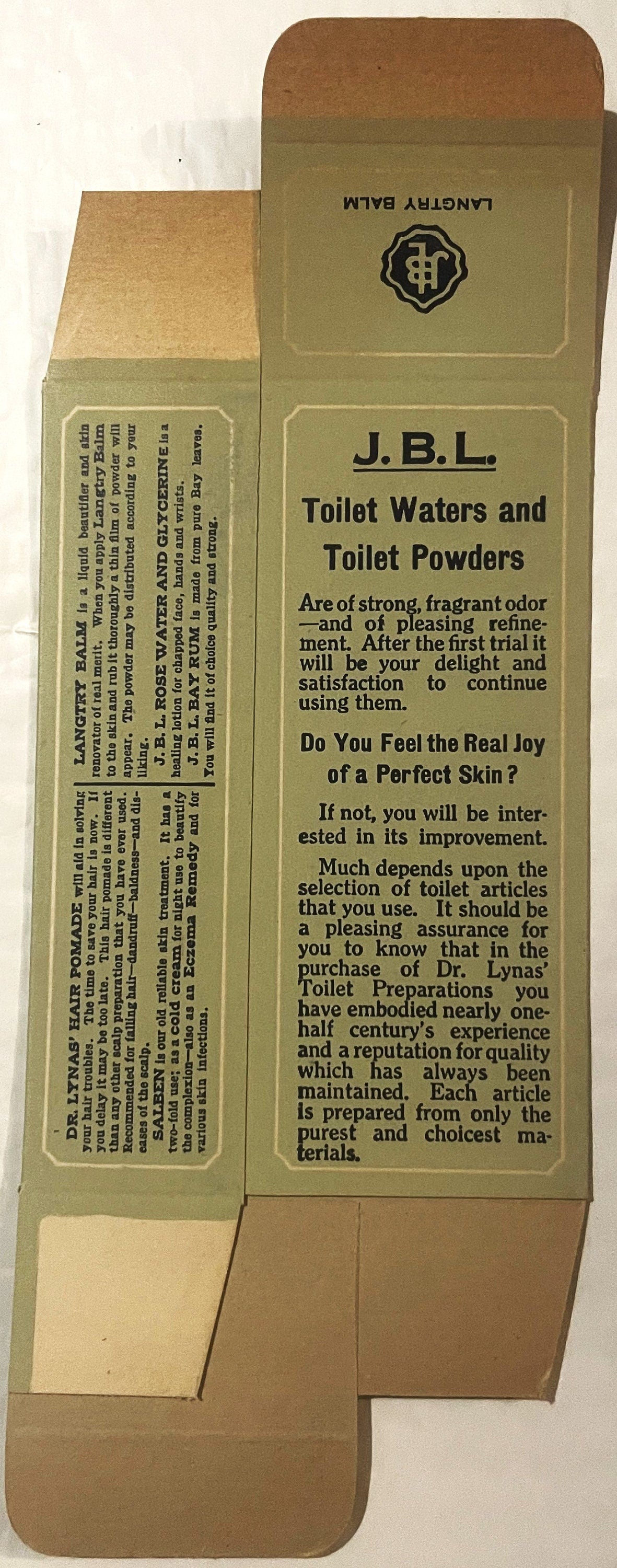 Unfolded cardboard box for J.B.L. Toilet Waters and Powders from Logansport, Indiana, showing tan and green packaging with bl