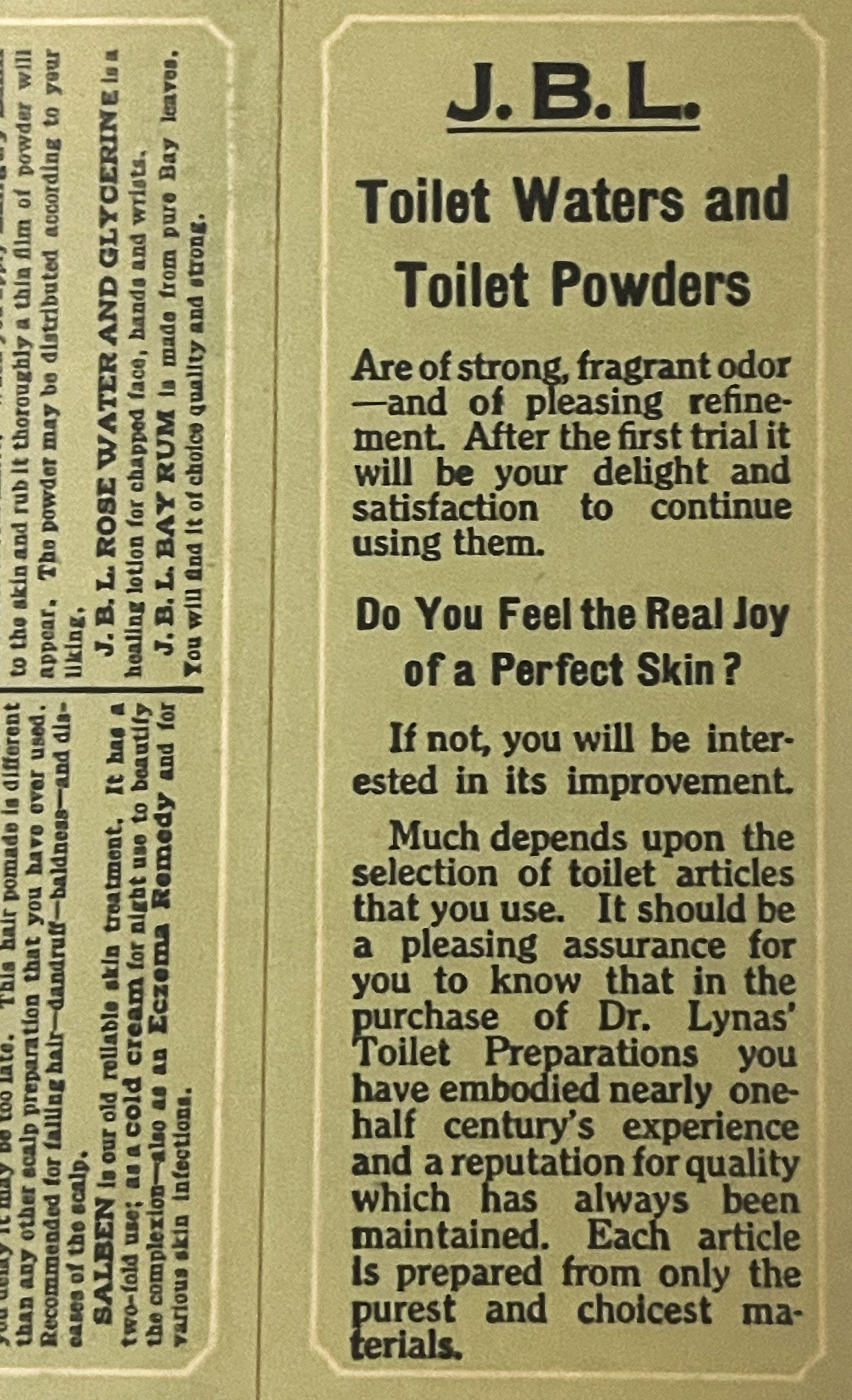 Vintage cream-colored cardboard box panel for J.B.L. Toilet Waters and Powders from Logansport, Indiana, showing printed text