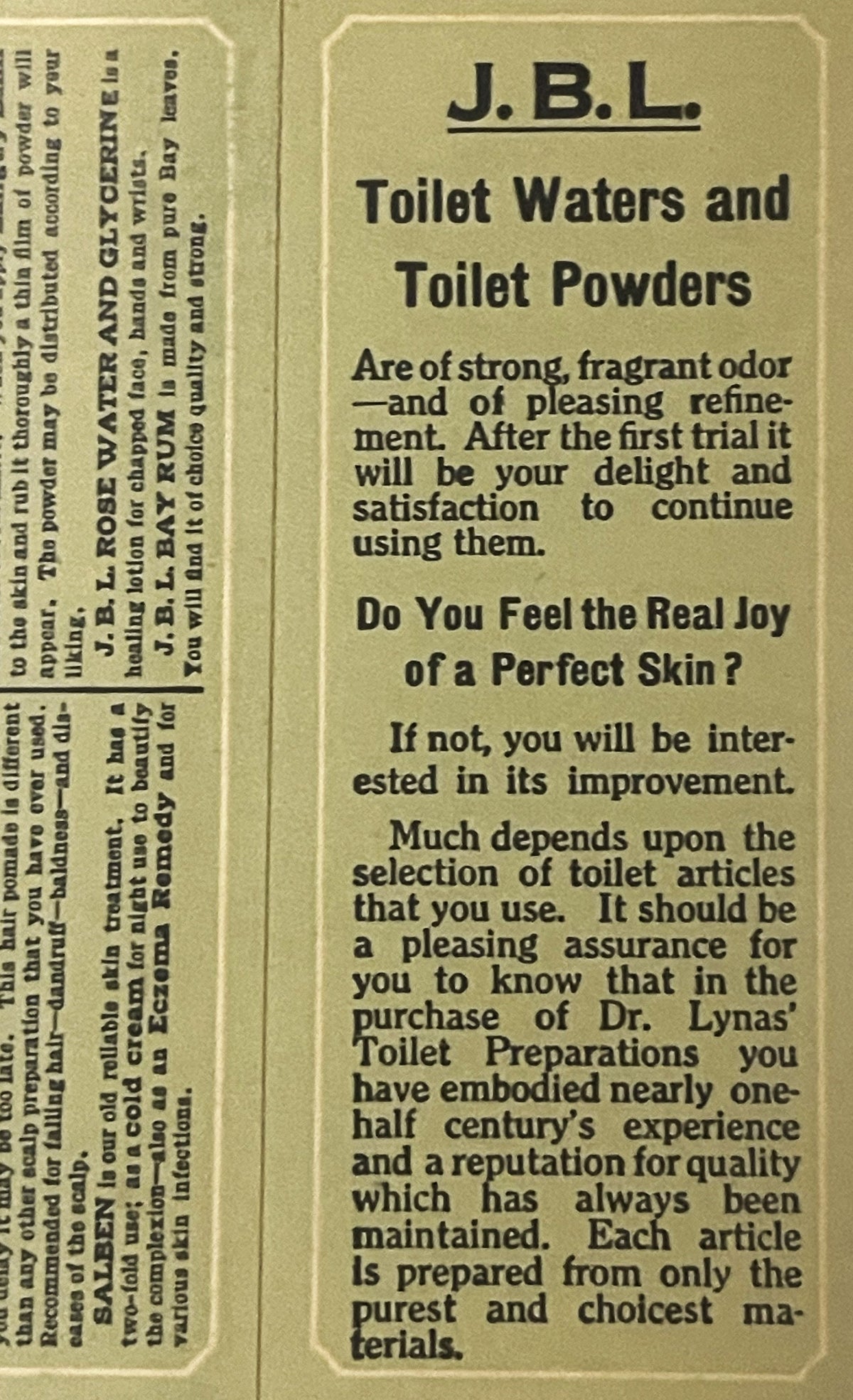 Vintage cream-colored cardboard box panel for J.B.L. Toilet Waters and Powders from Logansport, Indiana, showing printed text