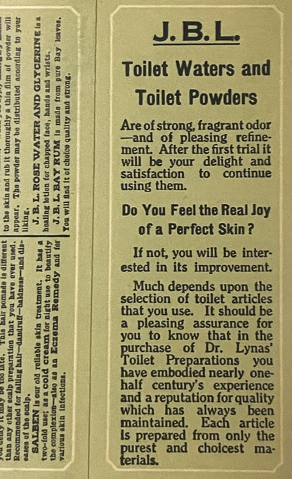 Vintage cream-colored cardboard box panel for J.B.L. Toilet Waters and Powders from Logansport, Indiana, showing printed text