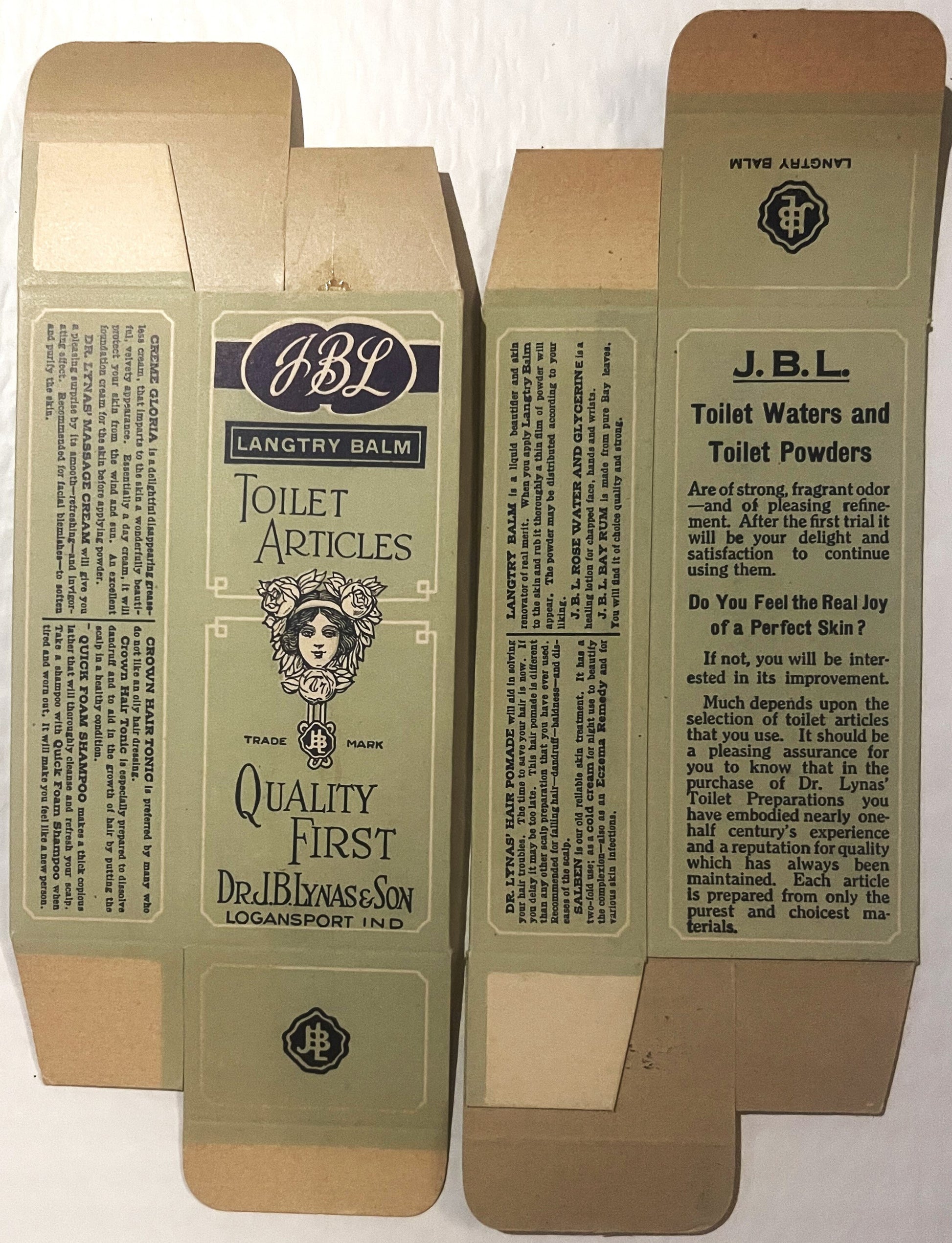 Two unfolded vintage cardboard boxes for J.B.L. Langtry Balm toilet articles and powders from Logansport, Indiana, showing or