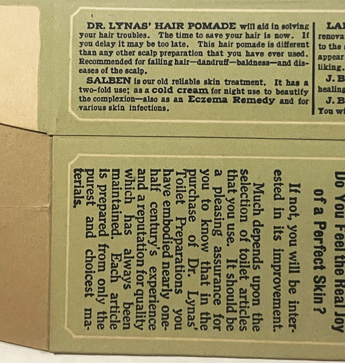 Cream-colored vintage box panels showing printed advertisements for Dr. Lynas' Hair Pomade and Saleen skin treatment, with te