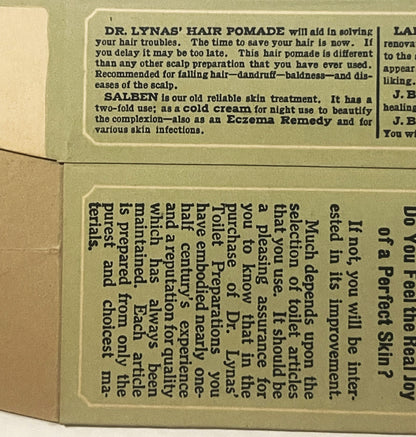 Cream-colored vintage box panels showing printed advertisements for Dr. Lynas' Hair Pomade and Saleen skin treatment, with te