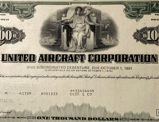 Rare Vintage 1960s - 1970s United Aircraft Corp. Subordinated Debenture Bond 📜