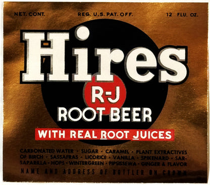 Vintage Hires R-J Root Beer label, 12 fl oz, featuring white text on black circle with red apple logo and brown textured back