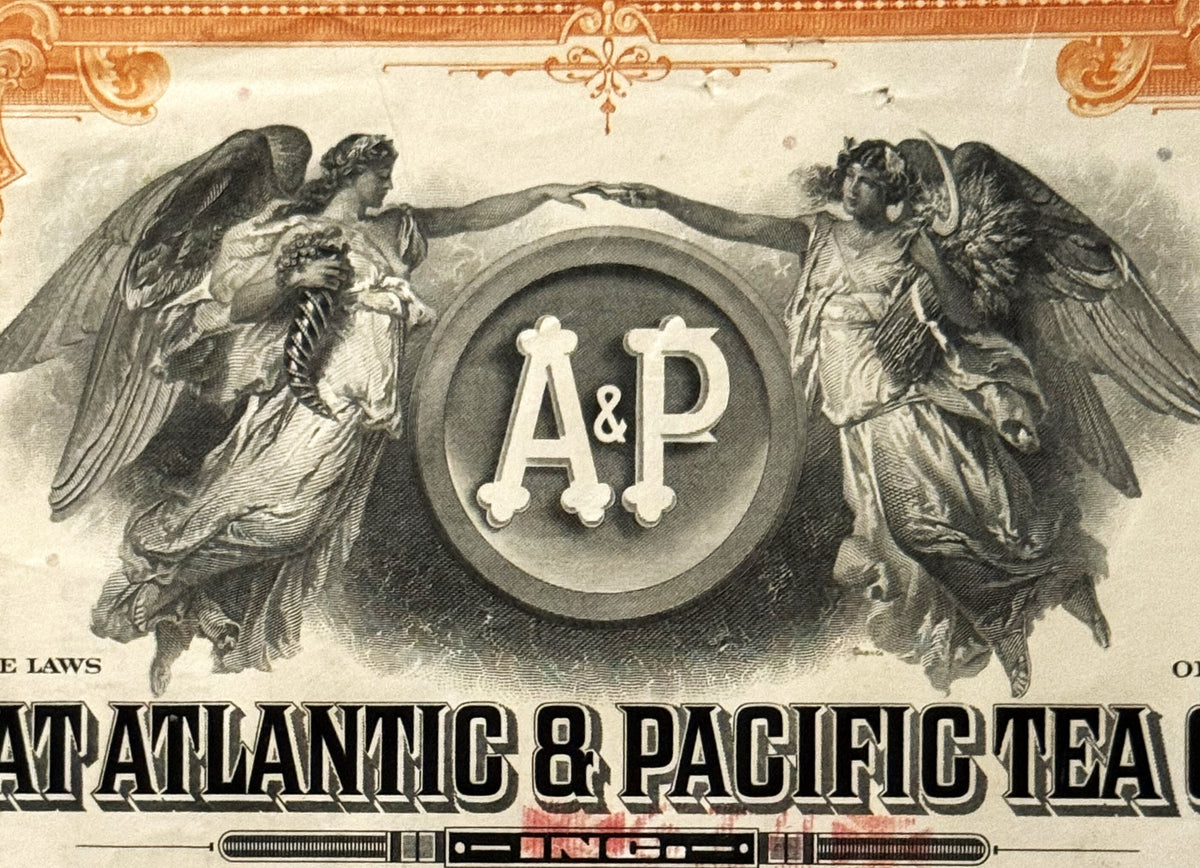 Vintage A&P Atlantic & Pacific Tea Company stock certificate with two winged angels flanking a circular monogram, ornate