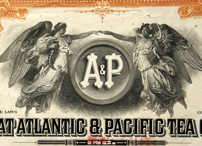 Vintage A&P Atlantic & Pacific Tea Company stock certificate with two winged angels flanking a circular monogram, ornate