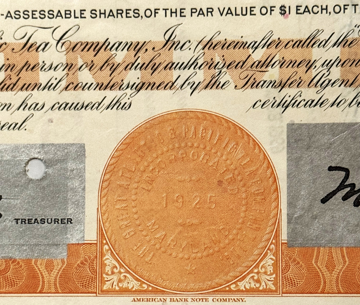 Close-up of vintage stock certificate detail showing ornate oval frame with "American Bank Note Company" text and orange