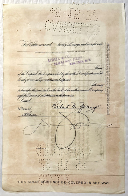 Aged stock certificate form with printed cursive text, handwritten signatures including "Robert B. Young," stamp reading "ATW