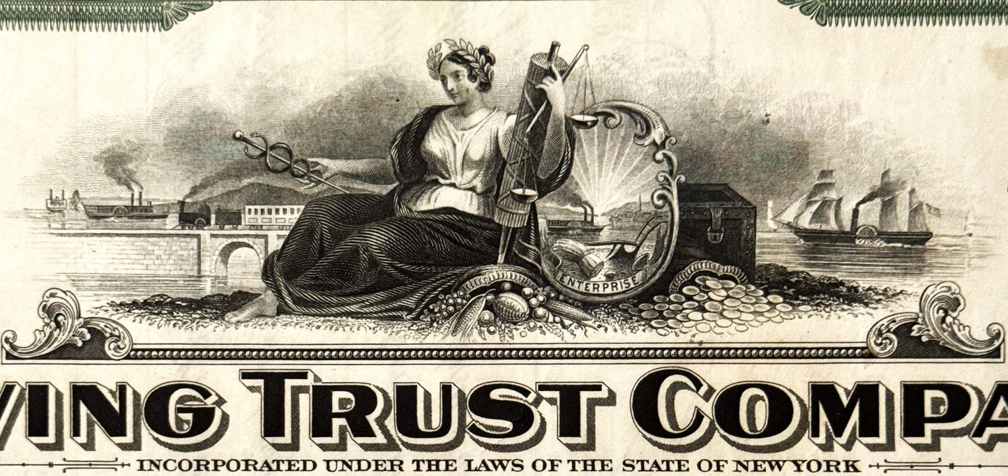 Engraved stock certificate header featuring allegorical woman with caduceus and lyre overlooking industrial harbor scene with