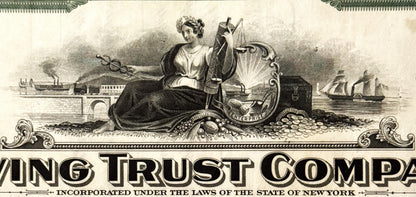 Engraved stock certificate header featuring allegorical woman with caduceus and lyre overlooking industrial harbor scene with