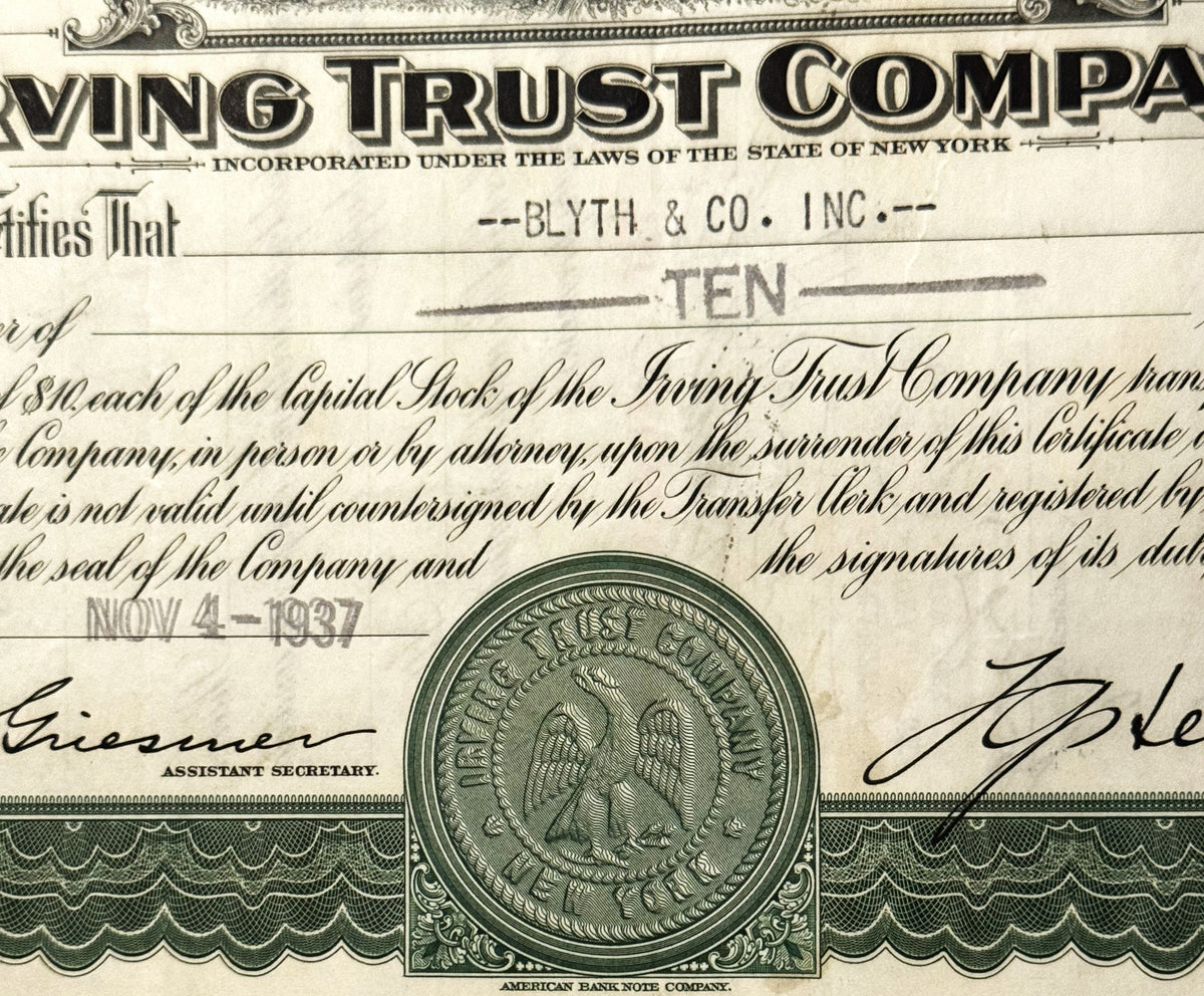 Vintage Irving Trust Company stock certificate for Blyth & Co. Inc., green and black print with ornate eagle seal and de