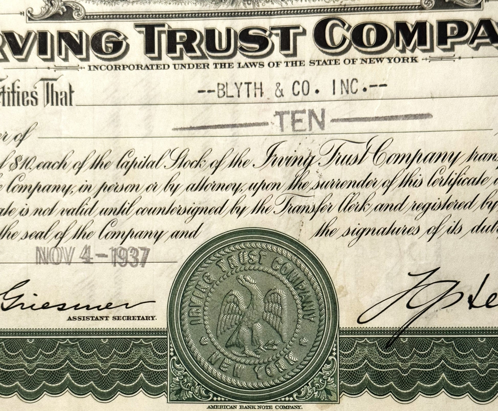 Vintage Irving Trust Company stock certificate for Blyth & Co. Inc., green and black print with ornate eagle seal and de