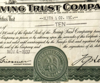 Vintage Irving Trust Company stock certificate for Blyth & Co. Inc., green and black print with ornate eagle seal and de