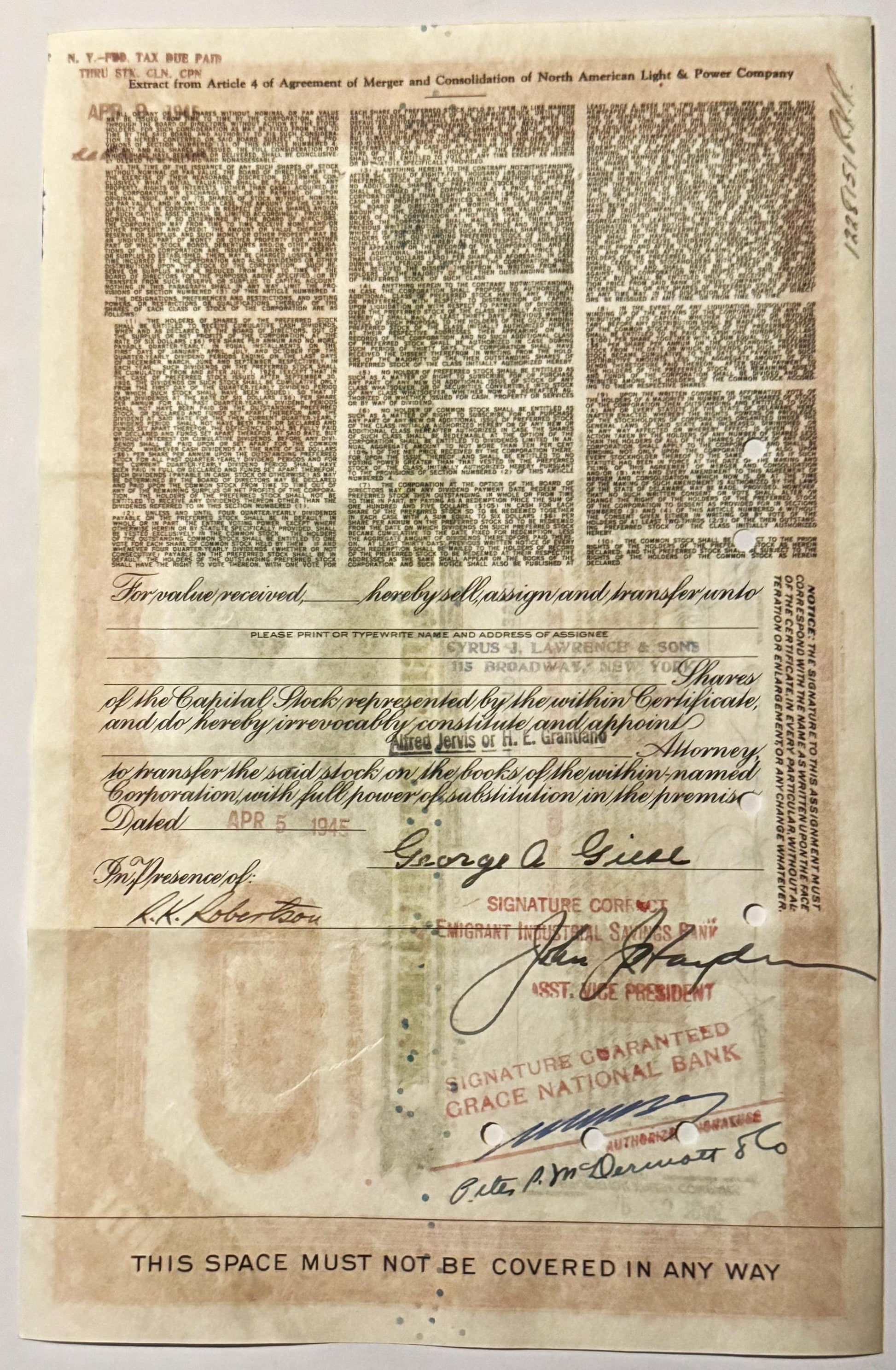 Vintage stock certificate from North American Light & Power Company, with handwritten signatures and bank
