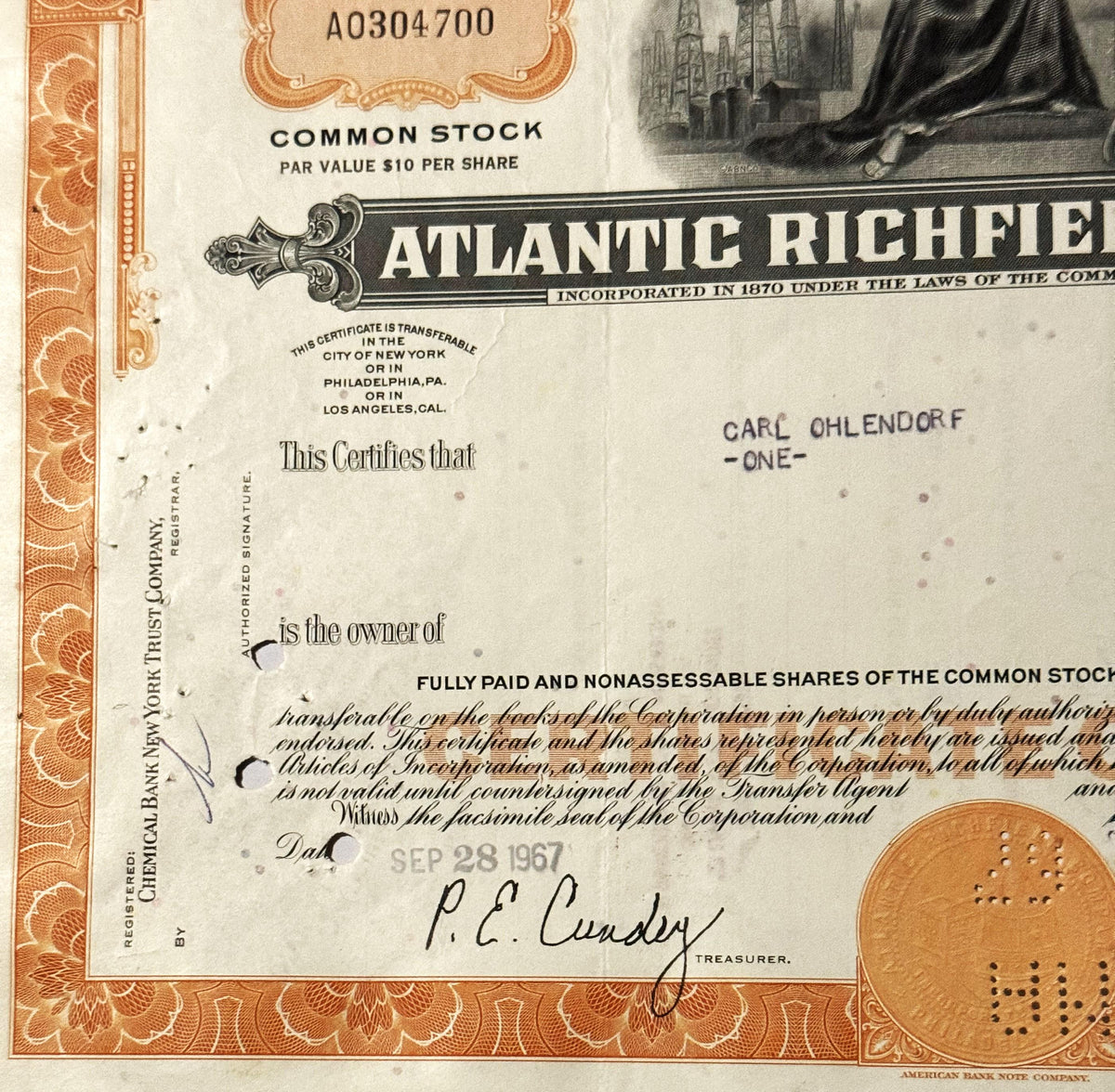 Vintage Atlantic Richfield common stock certificate for one share, with or