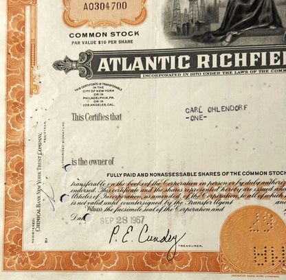 Vintage Atlantic Richfield common stock certificate for one share, with or