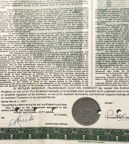 Close-up of 1971 Transocean Gulf Oil Company debenture bond with printed text, signatures, trustee certificate, and vintage s