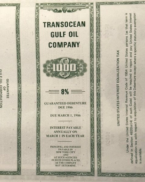 Vintage Transocean Gulf Oil Company 8% guaranteed debenture bond document with green decorative border and ornate center seal