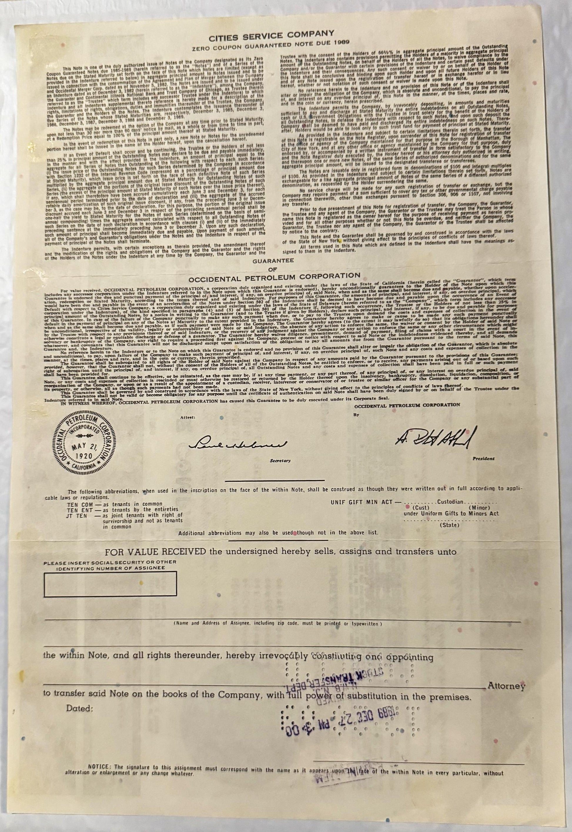 Aged financial document from Cities Service Company dated 1989 with printed text, corporate seal, and signatures, yellowed pa