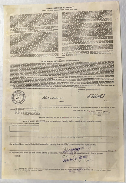 Aged financial document from Cities Service Company dated 1989 with printed text, corporate seal, and signatures, yellowed pa
