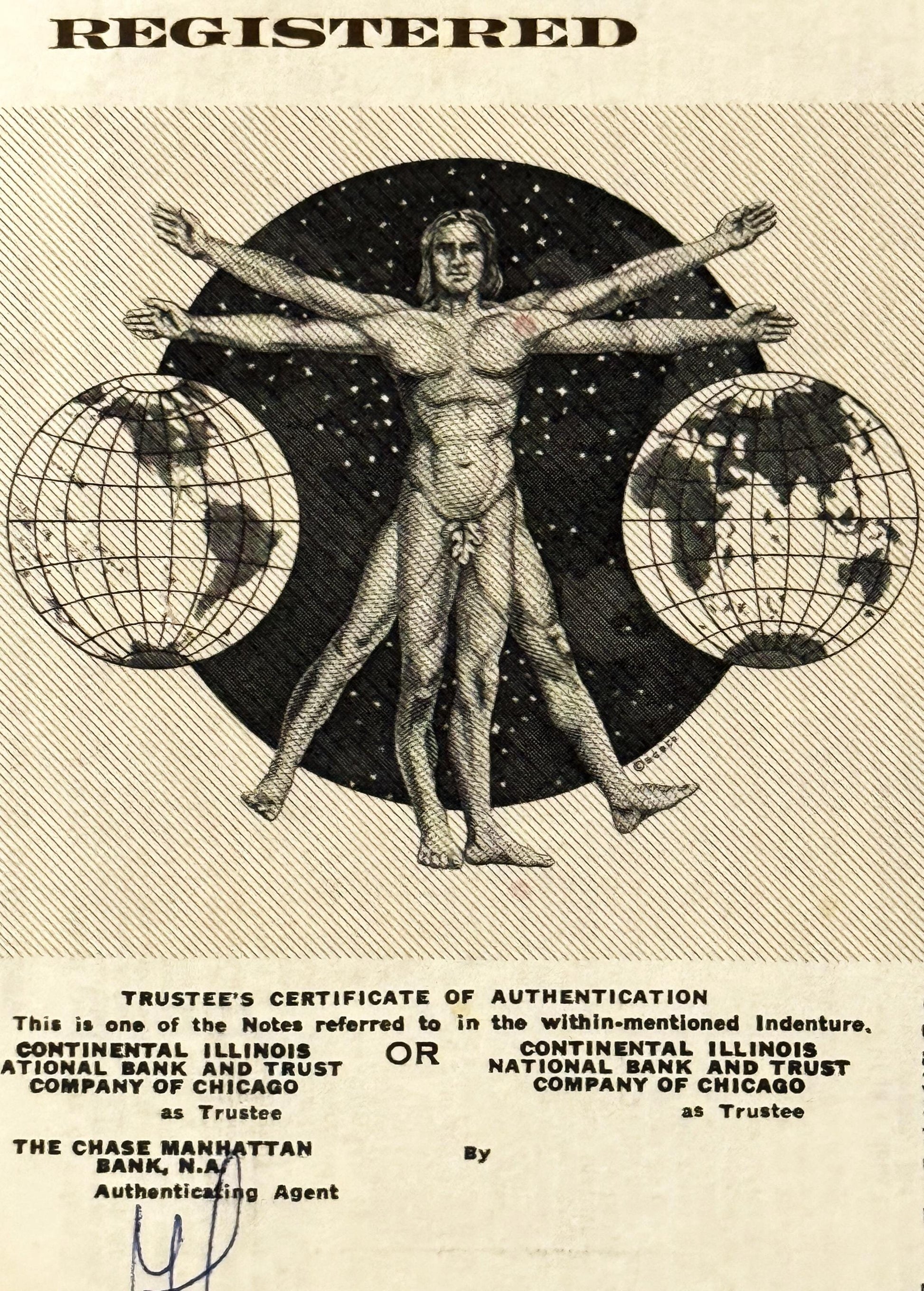 Registered stock certificate with engraved winged figure holding globes, starry background, text for Continental Illinois Nat