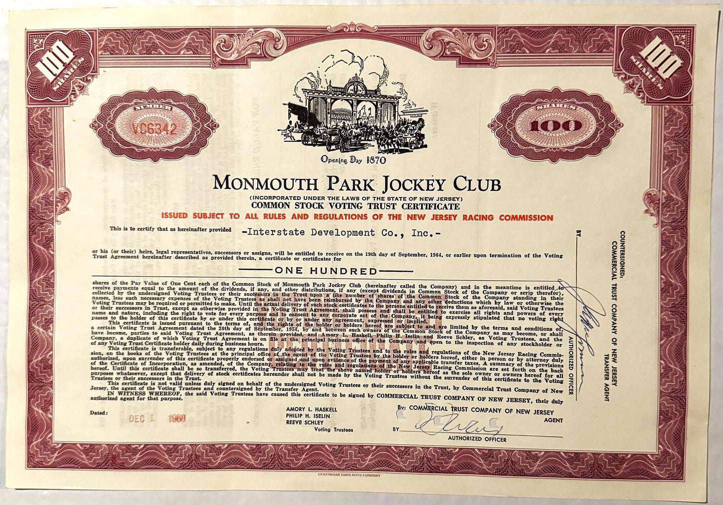 Vintage Monmouth Park Jockey Club stock certificate for 100 shares, burgundy and cream with ornate borders and horse rac