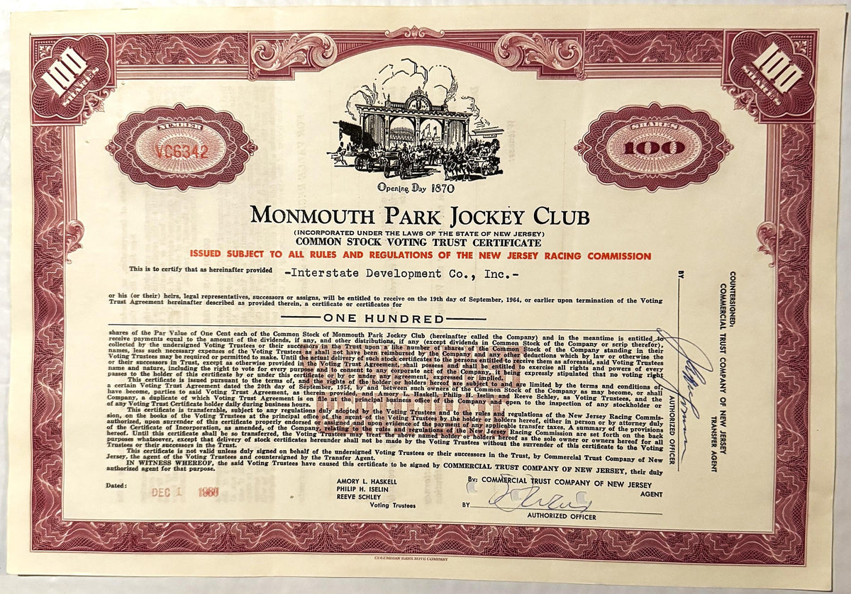 Vintage Monmouth Park Jockey Club stock certificate for 100 shares, burgundy and cream with ornate borders and horse rac
