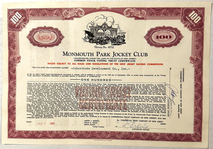 Vintage Monmouth Park Jockey Club stock certificate for 100 shares, burgundy and cream with ornate borders and horse rac