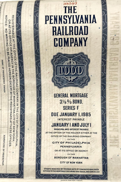 Vintage Pennsylvania Railroad General Mortgage Bond certificate with ornate border, $1000 denomination, Series F, due January